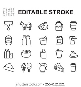 Collection of dairy product icons. Thin line vector. Contains icons such as milk, cheese, ice cream and many more.