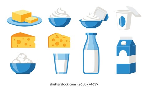 Collection of dairy products including cheese butter milk and yogurt