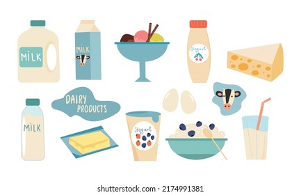 Colección de productos lácteos. Una gran colección de productos lácteos como leche en diferentes envases, yogur, queso, huevos, helados y mantequilla. Ilustración vectorial.