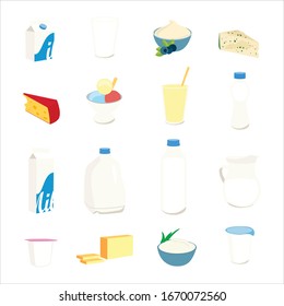 Collection of dairy products  milk, butter, cheese, yogurt, cottage cheese, sour cream, ice cream, cream, isolated on white.