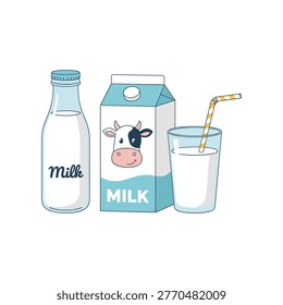 A collection of dairy products is presented on a white background. On the left is a clear glass bottle filled with white milk, with the word 