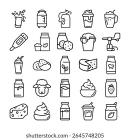 A collection of dairy related icons including milk, cheese, sheep, and other products, all in a simple black outline style.