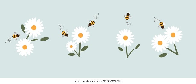 Collection of Daisy flower and bee cartoons on pastel green background vector illustration. Spring flower art print.