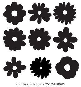 Collection of daisy  silhouette flowers, Hand-drawn linear flowers. vintage floral elements,Ink drawing wild plants, herbs or flowers on white background.