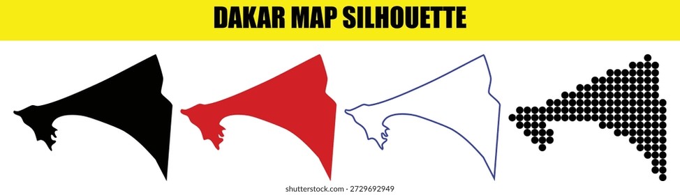 Collection of Dakar city map silhouettes featuring minimalist vector graphics, multiple color variations, geographic border representation, professional design elements for city maps