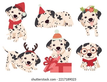 The collection of dalmatian in many actions for Christmas theme. Graphic resource about bulldog for graphic, content, etc.