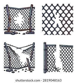 A collection of damaged metal wire mesh fence sections shown here