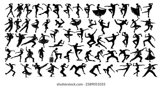 Collection of Dance Silhouettes Featuring Various Dance Styles Including Ballet, Hip-Hop, Contemporary, Salsa, Jazz, Breakdance, and More in High-Resolution Vector Format for Graphic Design Art