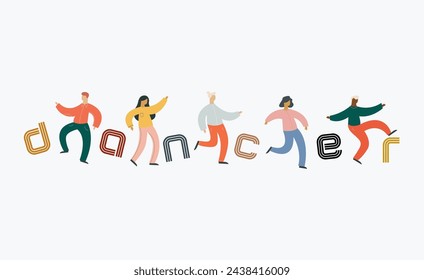 Collection of dancers. Male and female characters. A group of happy dancing people.  Cartoon flat vector illustration of dancing people