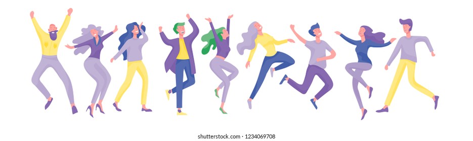 Collection of dancers. Men and women performing dance at school, studio. Male and female characters. Group of young happy dancing people. Smiling young men and women enjoying dance party