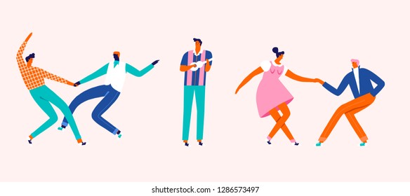 Collection of dancing cartoon characters in vector in mid-century rockabilly style.