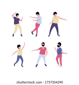 Collection of dancing men. Men performing dance at school, studio, party. Male dancing different styles. Flat vector illustration