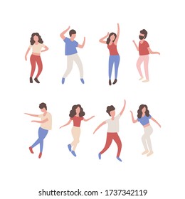 Collection of dancing people. Men and women performing dance at school, studio, party. Male and female dancing different styles. Flat vector illustration