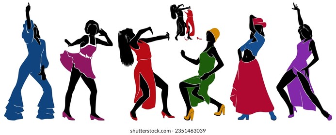 Collection of Dancing Women Silhouettes isolated on white. All color parts can be removed to get complete black figure. Vector cliparts.