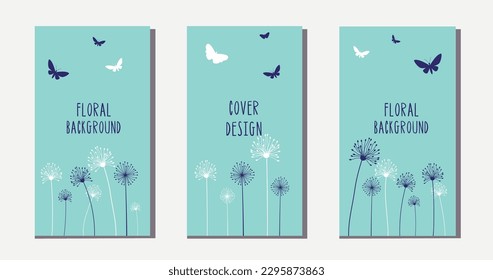 Collection of dandelion flowers with butterflies for cover design. Vector illustration