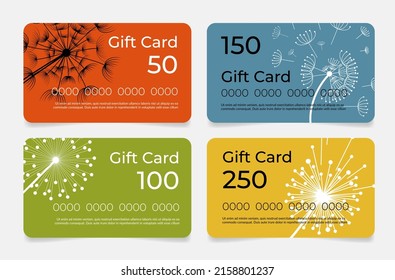 Collection dandelion gift card template realistic privilege business certificate vector illustration. Set natural flower shopping voucher coupon retail marketing advertising. Bonus commerce offer