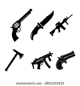 Collection of dangerous black silhouette weapons including handguns and rifles and a sharp hunting knife and a metal tactical axe