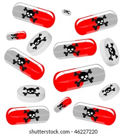 Collection of dangerous tablets and pills with the skull image