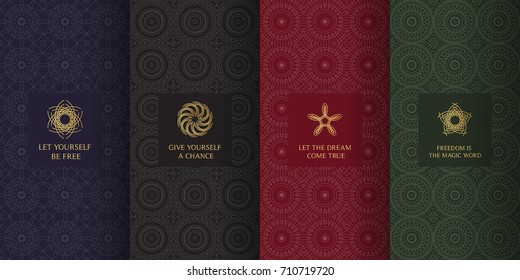Collection of dark backgrounds and golden elements. Set of labels, icons, logos and patterns in arabic, muslim, islamic, oriental, eastern style.Templates with luxury foil for packaging