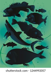 A collection of dark bizarre fish swimming in a green sea