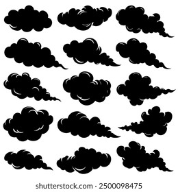 Una colección de nubes negras oscuras sobre un fondo blanco brillante