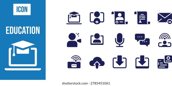 A collection of dark blue education and digital communication including laptops with graduation caps, user profiles, microphones, and cloud upload symbols on a white background.