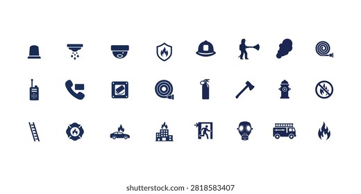 Collection of dark blue flat representing fire safety and emergency services on a white background fire truck goal vector on white background.