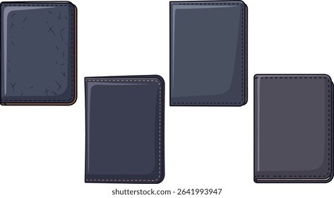 Collection of Dark Blue Leather Wallets in Vector Style Isolated on White Background