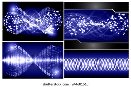 Collection dark blue Light Abstract Technology background set for computer graphic website internet business. text box. Brochure. card. wave. diverse, different, divers, manifold, many, various, sound
