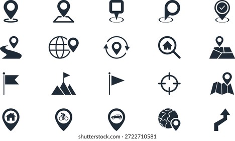 Collection of dark blue location and navigation icons on white background location pin map marker