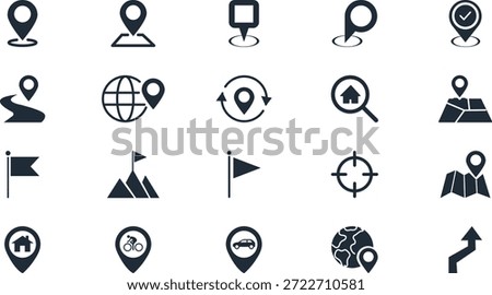 Collection of dark blue location and navigation icons on white background location pin map marker