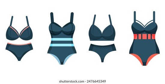 Collection of dark blue one and two pieces swimsuits for woman. Elegant and sexy beachwear
