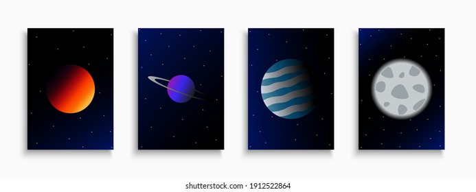 Colección de cubiertas de vectores azul oscuro, plantillas, carteles, folletos, pancartas, volantes, etc. Afiches creativos cósmicos con planetas. Copiar fondos de espacio