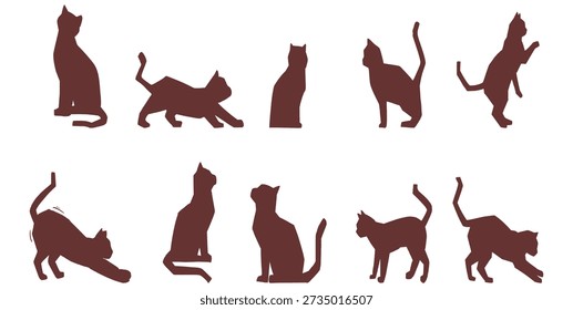 Colección de siluetas de gato marrón oscuro. Conjunto de Vector dibujado a mano de varios movimientos y poses de gatos para la marca de refugios de animales, íconos de mascotas y pegatinas minimalistas.