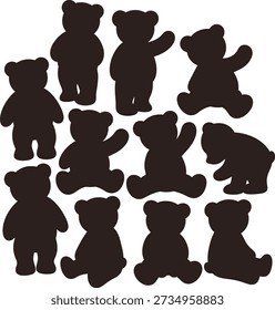 Collection of dark brown teddy bear silhouettes in various poses on white background