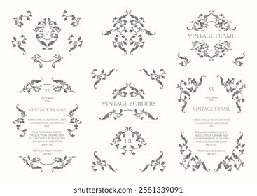 Collection of  dark decorative elements. Vintage Victorian frames, corners and borders. Graphic design page.