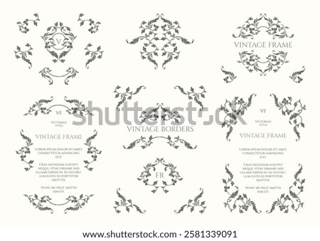 Collection of  dark decorative elements. Vintage Victorian frames, corners and borders. Graphic design page.