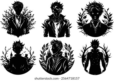 A collection of dark fantasy character silhouettes featuring gothic-inspired designs with floral and botanical details. Ideal for book covers, storytelling, and graphic design