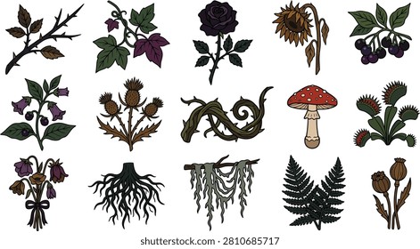 A collection of dark gothic vector illustration elements featuring poisonous plants thorny vines mystical mushrooms and various wild forest flora