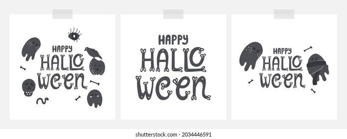 Collection of dark gray Halloween cards on white background. Hand-drawn doodle illustrations - ghost, mummy ghost, pumpkin, scull, raven with cute lettering.