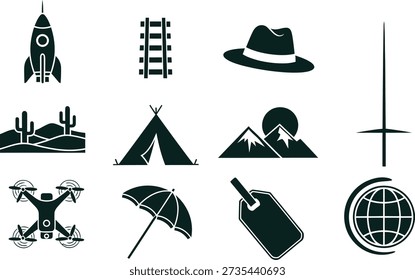 Collection of dark green including rocket train tracks fedora hat sword desert landscape teepee mountains drone umbrella tag and globe