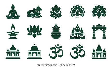 Collection of dark green Indian religious and cultural silhouette icons including Buddha, Ganesha, Om symbol, lotus flower, diya lamp, peacock, Nandi bull, and traditional temple architecture on a white background.