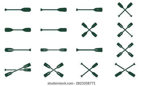Collection of dark green rowing oar silhouettes and paddle icons on a white background featuring various arrangements including crossed oars and single paddles for boating and water sports.