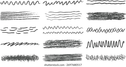 Collection of dark grey hand drawn lines and scribbles on white.