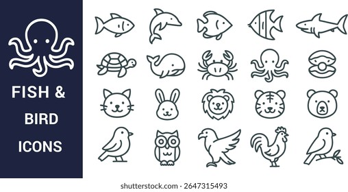 A collection of dark grey line art icons depicting various fish birds and animals including ocean creatures and wildlife The style is simple and consistent across all icons