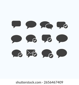 Una colección de iconos de burbujas de discurso de color gris oscuro, algunos con marcas de verificación, que representan la comunicación, los mensajes y la confirmación.
