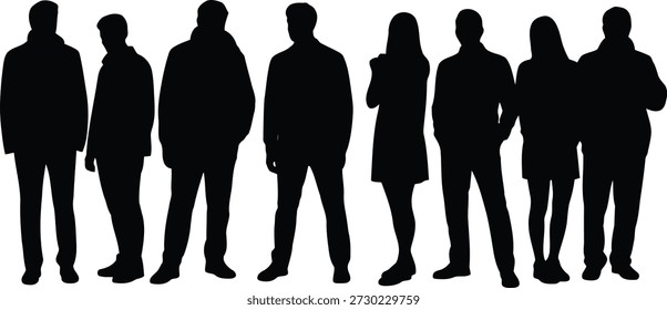 A collection of dark human silhouettes, featuring both males and females standing, suitable for various design projects and privacy needs.