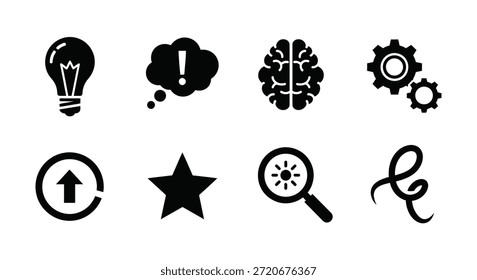 A collection of dark icons representing concepts, presented in a striking silhouette style.