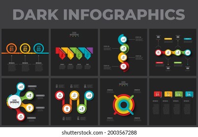 Sammlung von Dark-Infografik-Präsentationsfolien. Vektorgrafik für Geschäftsanalyse. Kreise, Pfeile und Banner.