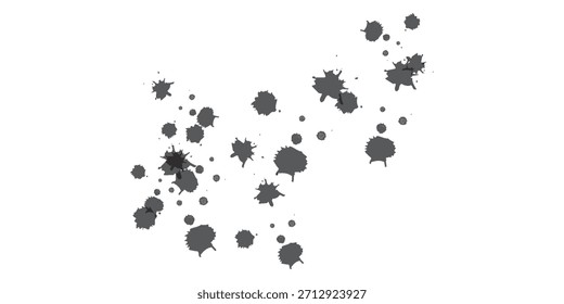 Uma coleção de manchas de tinta escuras e irregulares espalhadas por um fundo branco limpo.